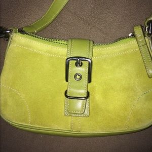 Coach lime green handbag, suede with leather trim